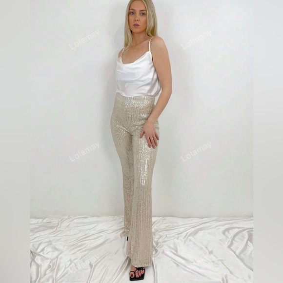 Saints And Hearts Rose Gold Sequin Bell Bottom Pants - Picture 1 of 6